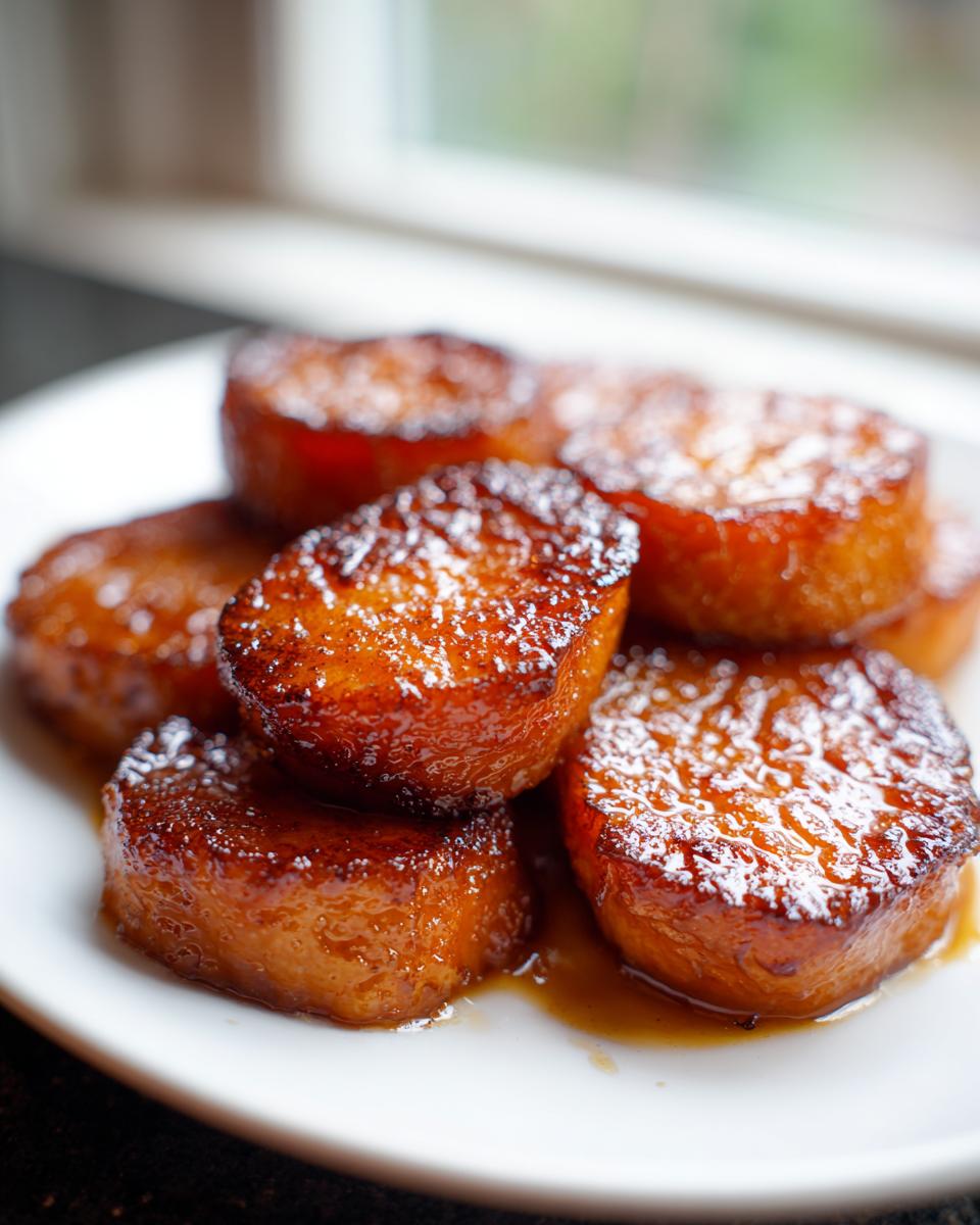 Close-up of thick-cut, glazed southern candied yams stacked on a white plate with syrup pooling below.