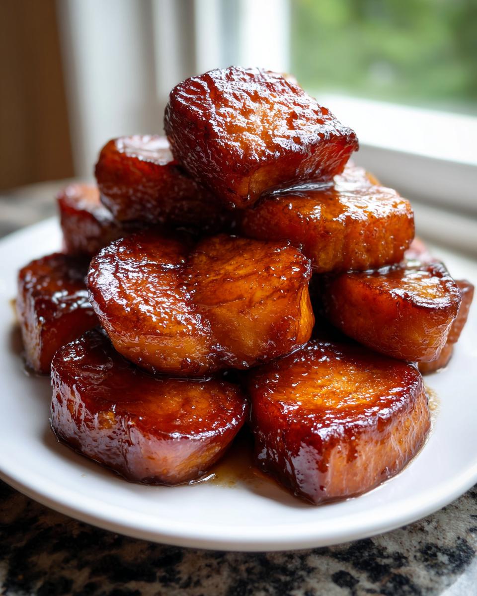 A close-up stack of glossy, caramelized Southern candied yams glistening with sweet glaze on a white plate.