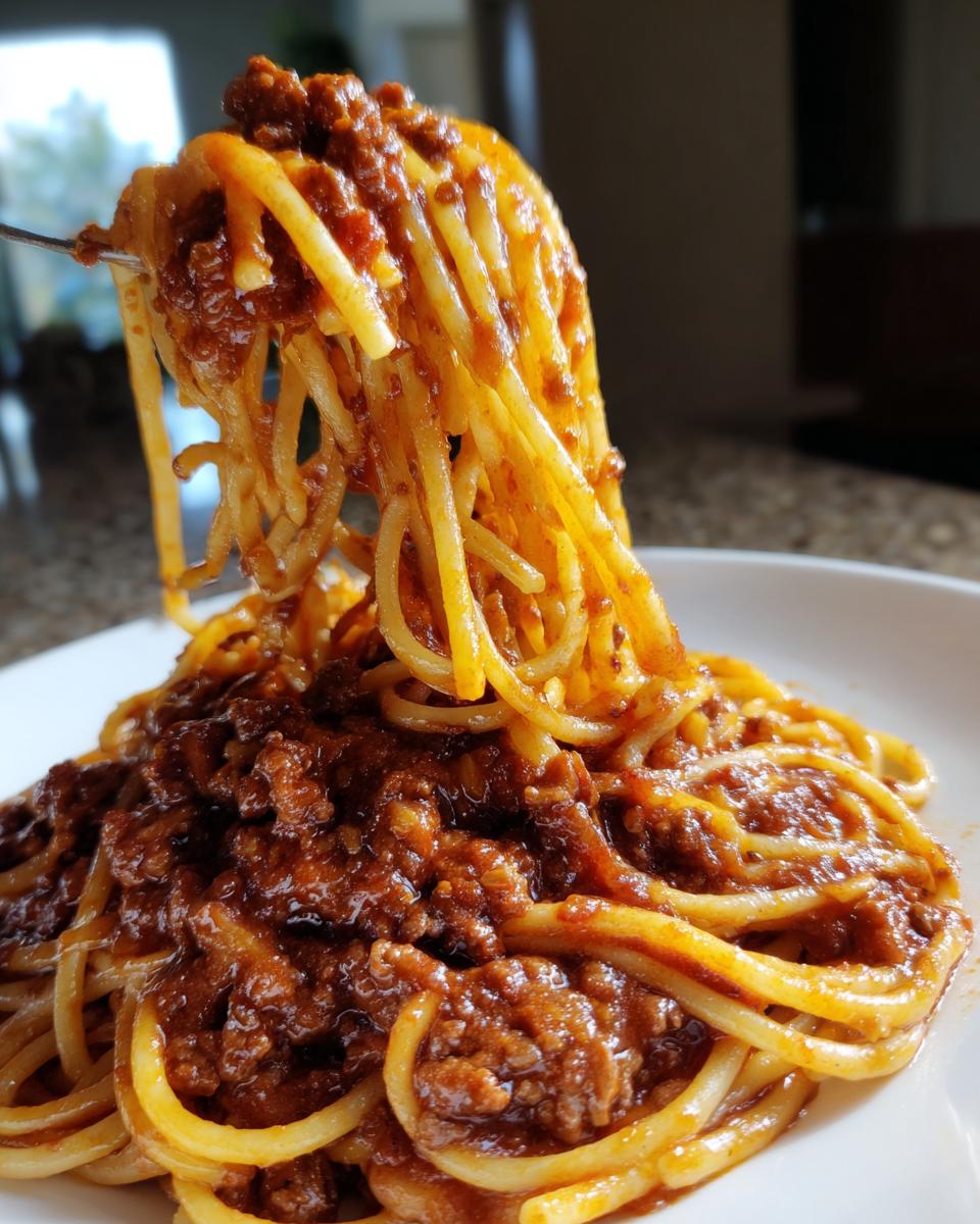 Close-up of spaghetti noodles coated heavily in rich, dark bolognese sauce, lifted by a fork from a white plate.