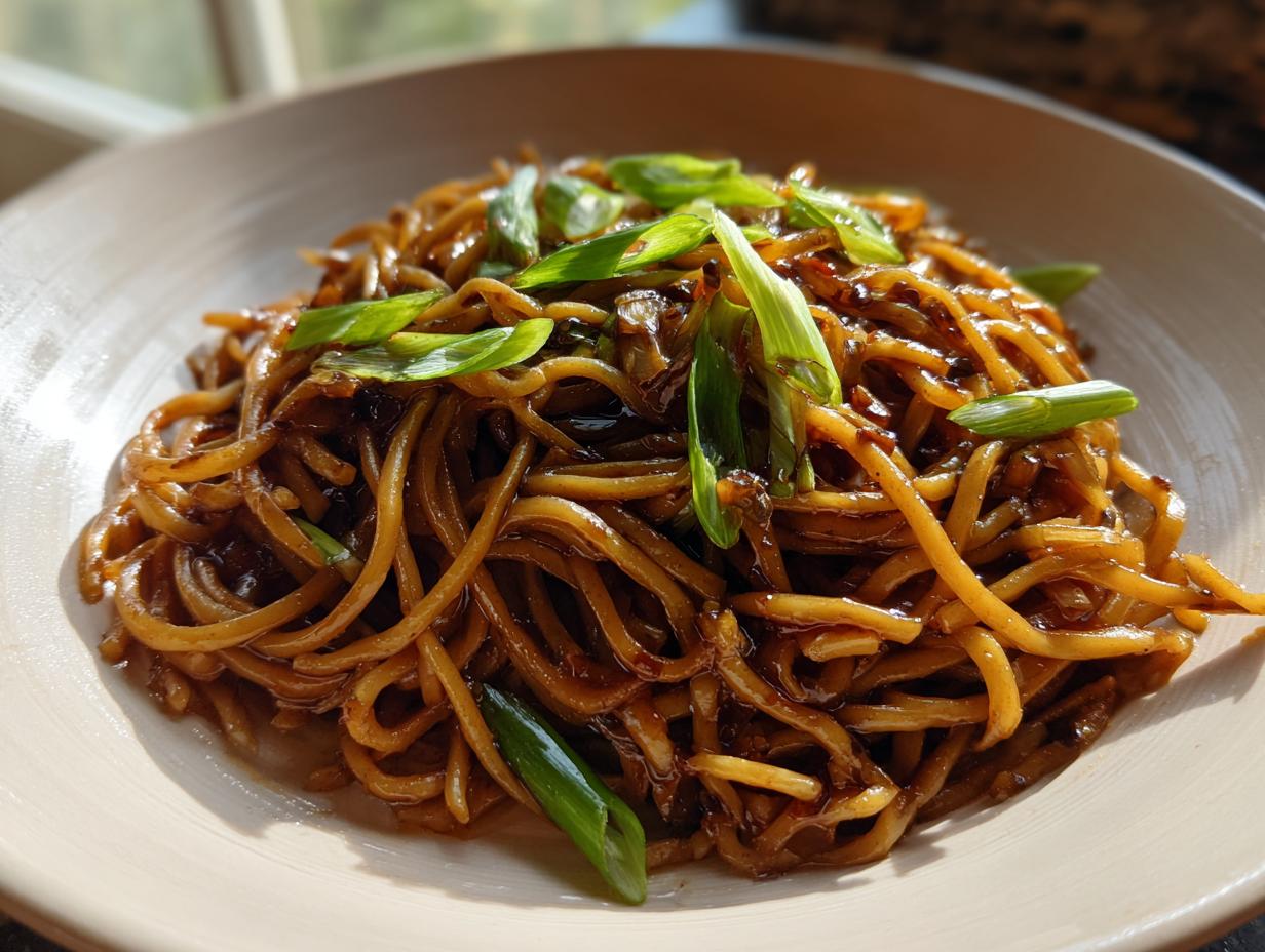 A close-up shot of glossy, dark brown spicy garlic noodles topped with bright green sliced scallions in a light-colored bowl.