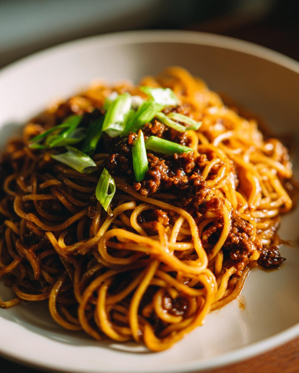 Close-up of a bowl of rich, dark spicy garlic noodles topped with ground meat sauce and fresh green onions.