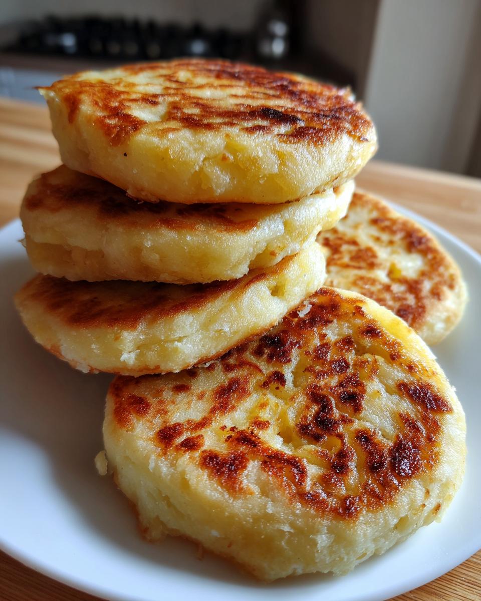 A stack of four golden brown, pan-fried Irish potato farls resting on a white plate.