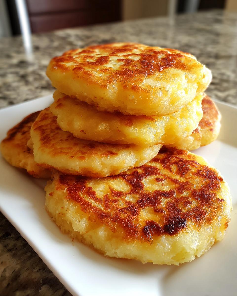 A stack of four golden brown, freshly fried irish potato farls served on a white rectangular plate.