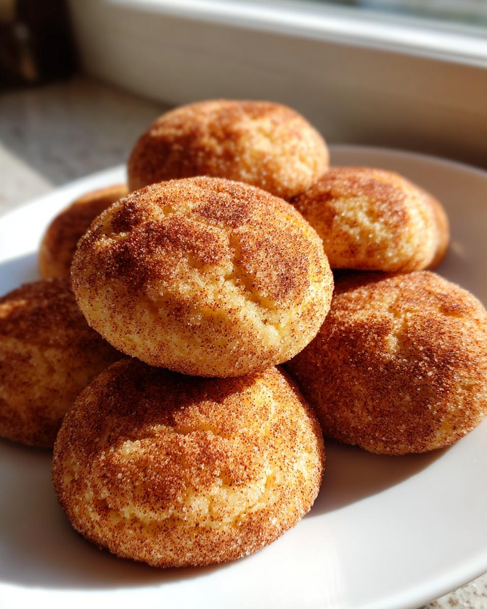 A small stack of freshly baked snickerdoodle cookies generously coated in cinnamon sugar, resting on a white plate.