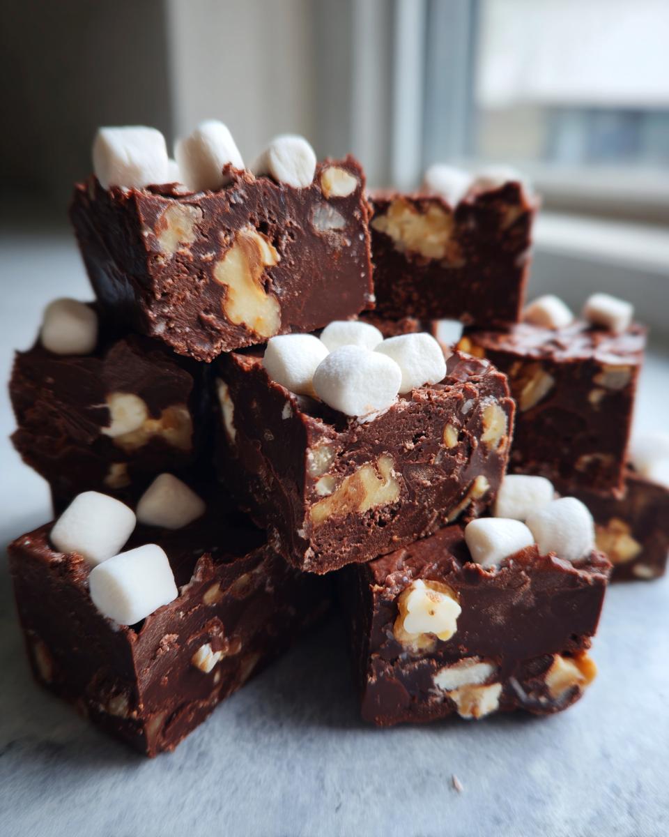 A close-up stack of rich, dark chocolate rocky road fudge squares topped with mini marshmallows and walnuts.