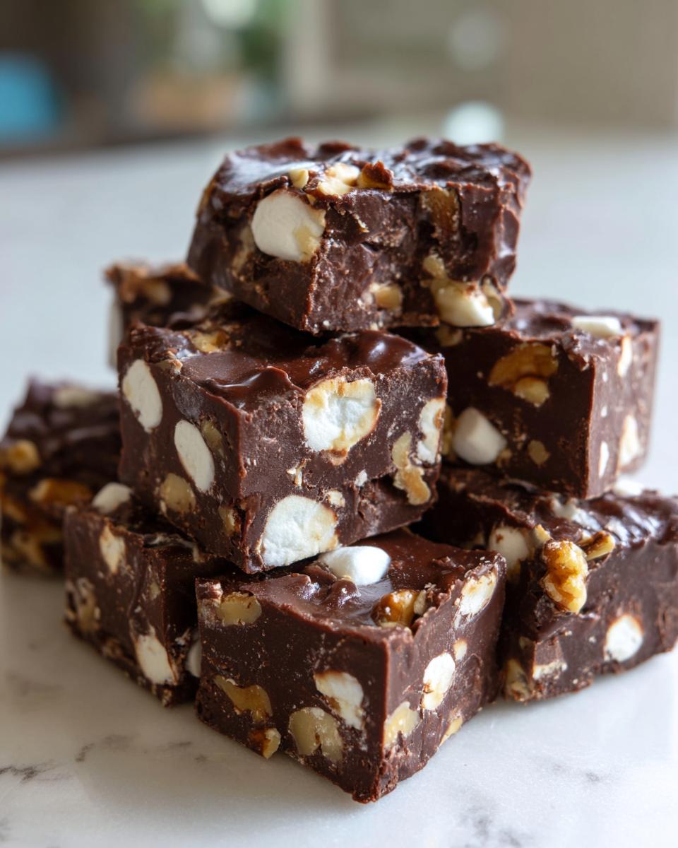 A stack of rich, dark chocolate rocky road fudge squares loaded with white marshmallows and chopped nuts.
