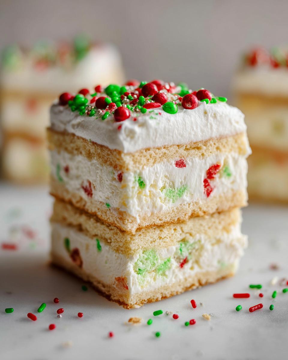 Two stacked squares of Christmas tree cheesecake featuring white cream filling with red and green pieces, topped with red and green sprinkles.