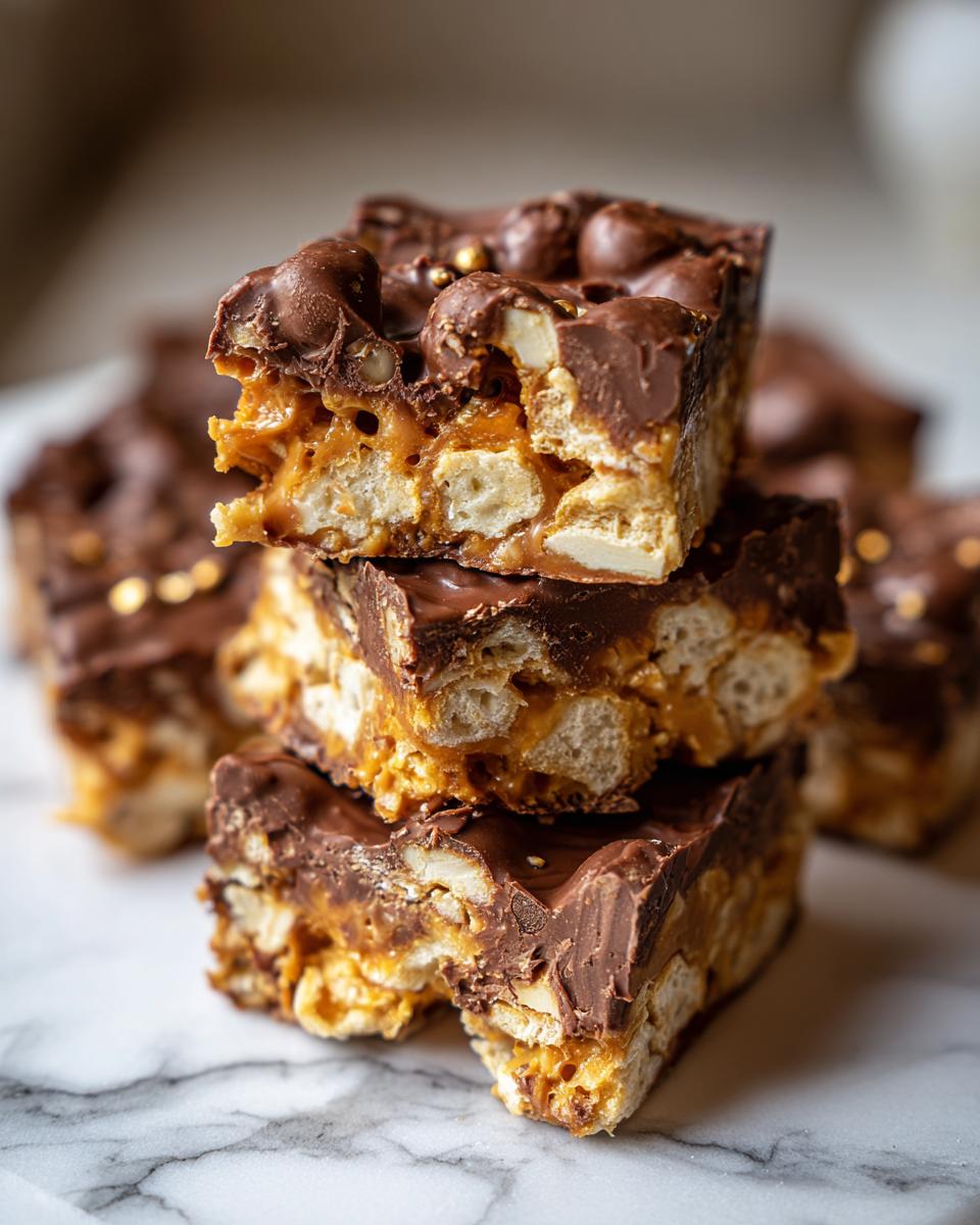 Close-up stack of three saltine cracker toffee bars showing the crunchy base, gooey caramel, and thick chocolate topping.