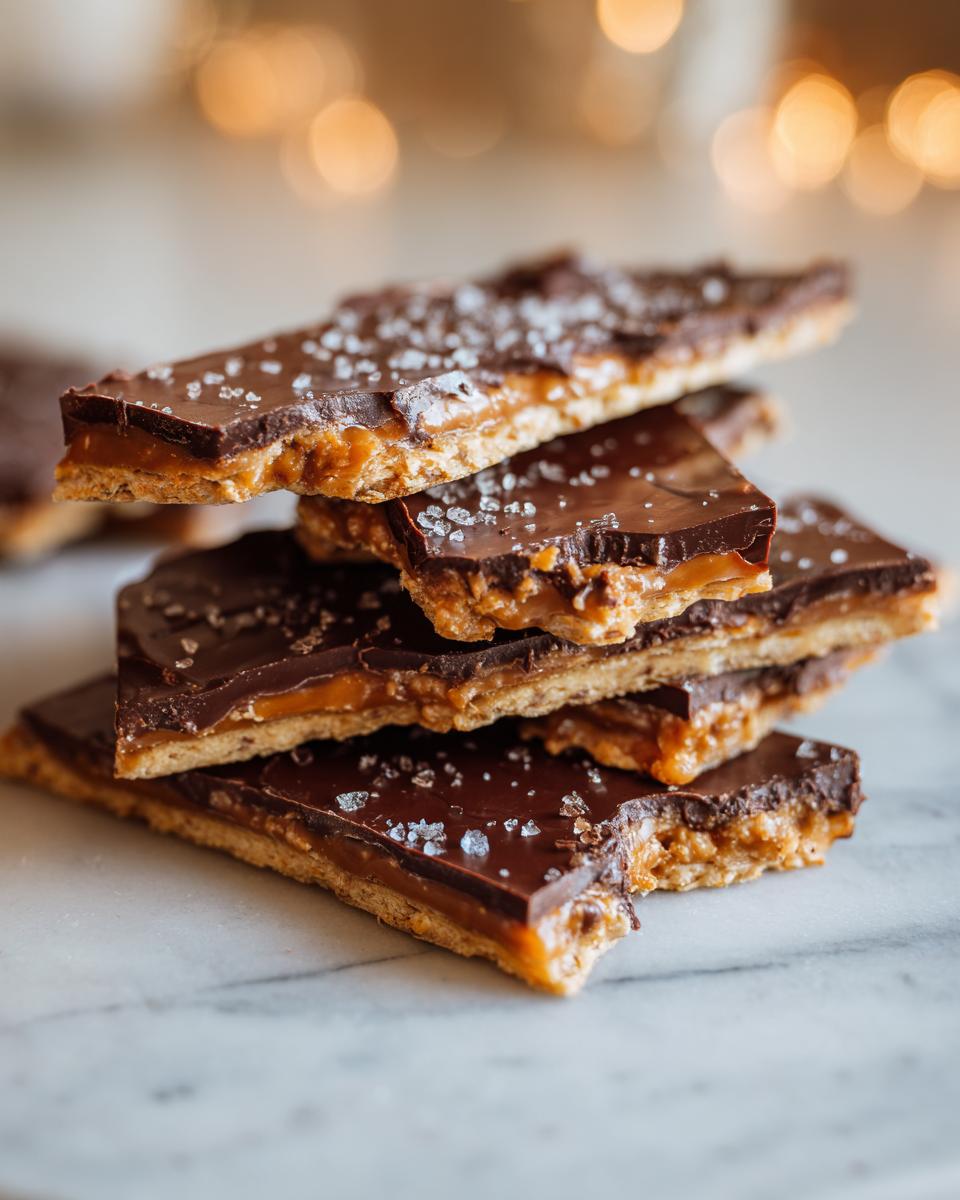 A stack of broken pieces of saltine cracker toffee topped with chocolate and flaky sea salt.