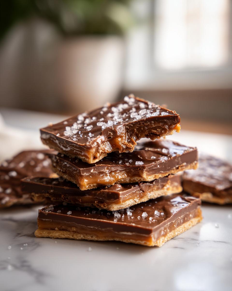 A stack of rich saltine cracker toffee squares topped with melted chocolate and flaky sea salt.