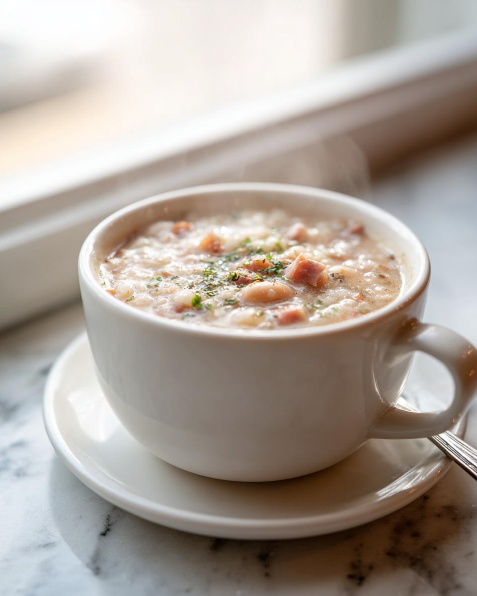 A steaming white mug filled with creamy bean soup containing white beans and chunks of ham, garnished with herbs.
