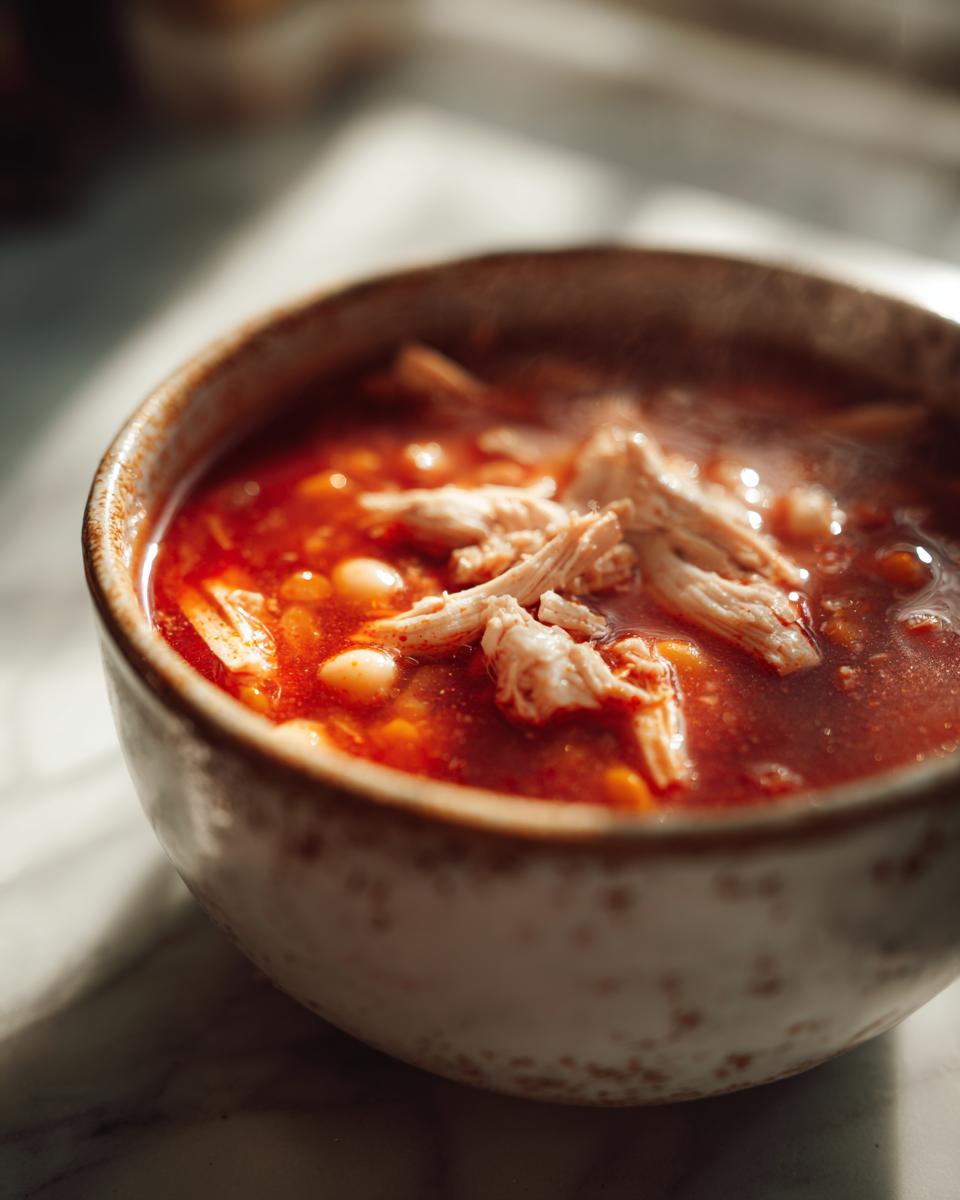 Close-up of a steaming bowl of vibrant red chicken pozole, topped with shredded chicken and hominy.