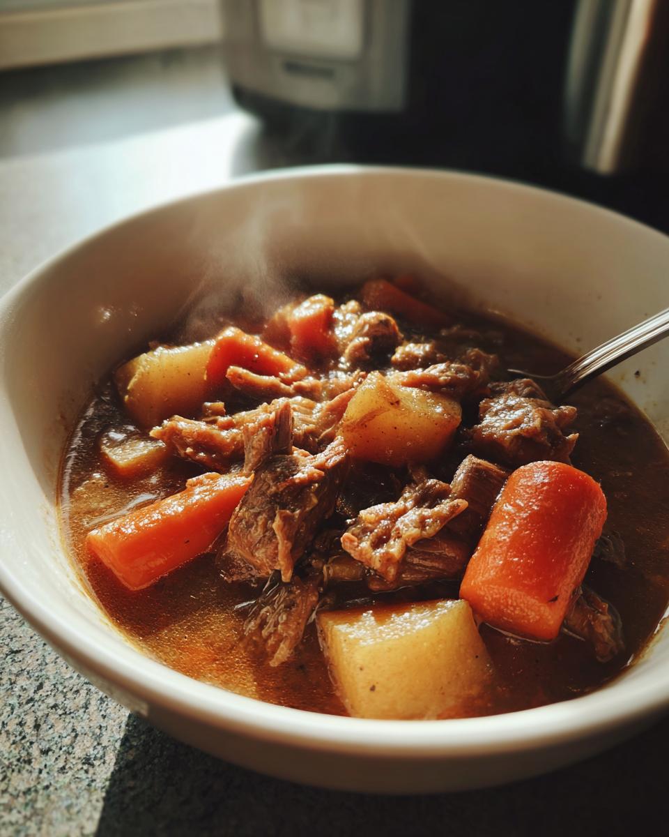 Close-up of a steaming white bowl filled with rich, dark pork stew chunks, carrots, and potatoes.