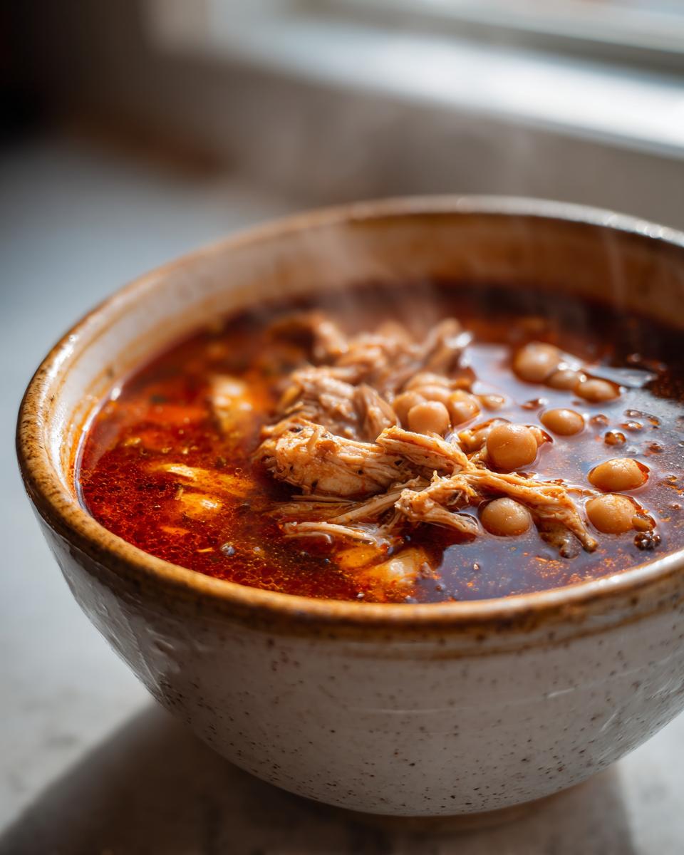 Close-up of a steaming bowl of rich red chicken pozole, featuring shredded chicken and hominy kernels.