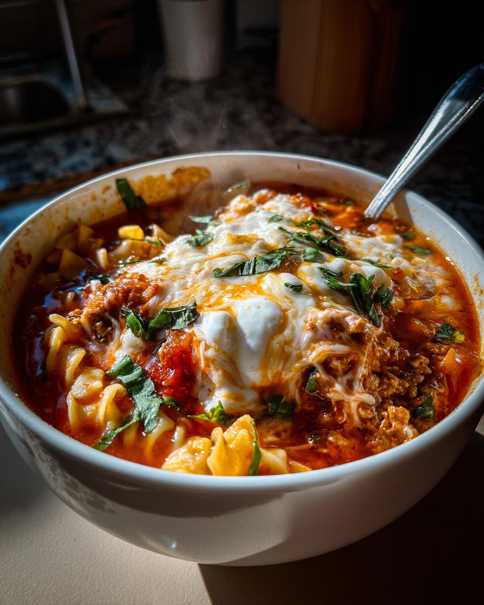 A close-up of a steaming white bowl filled with rich crockpot lasagna soup, topped with melted cheese and fresh basil.