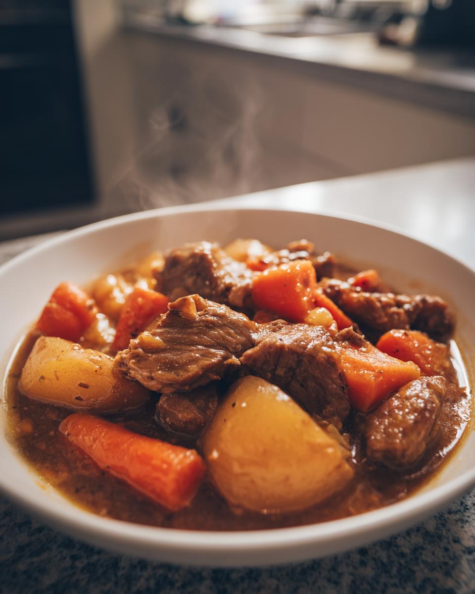 Close-up of a steaming white bowl filled with tender chunks of meat, potatoes, and carrots in a rich gravy, representing the amazing 8-hour pork stew.