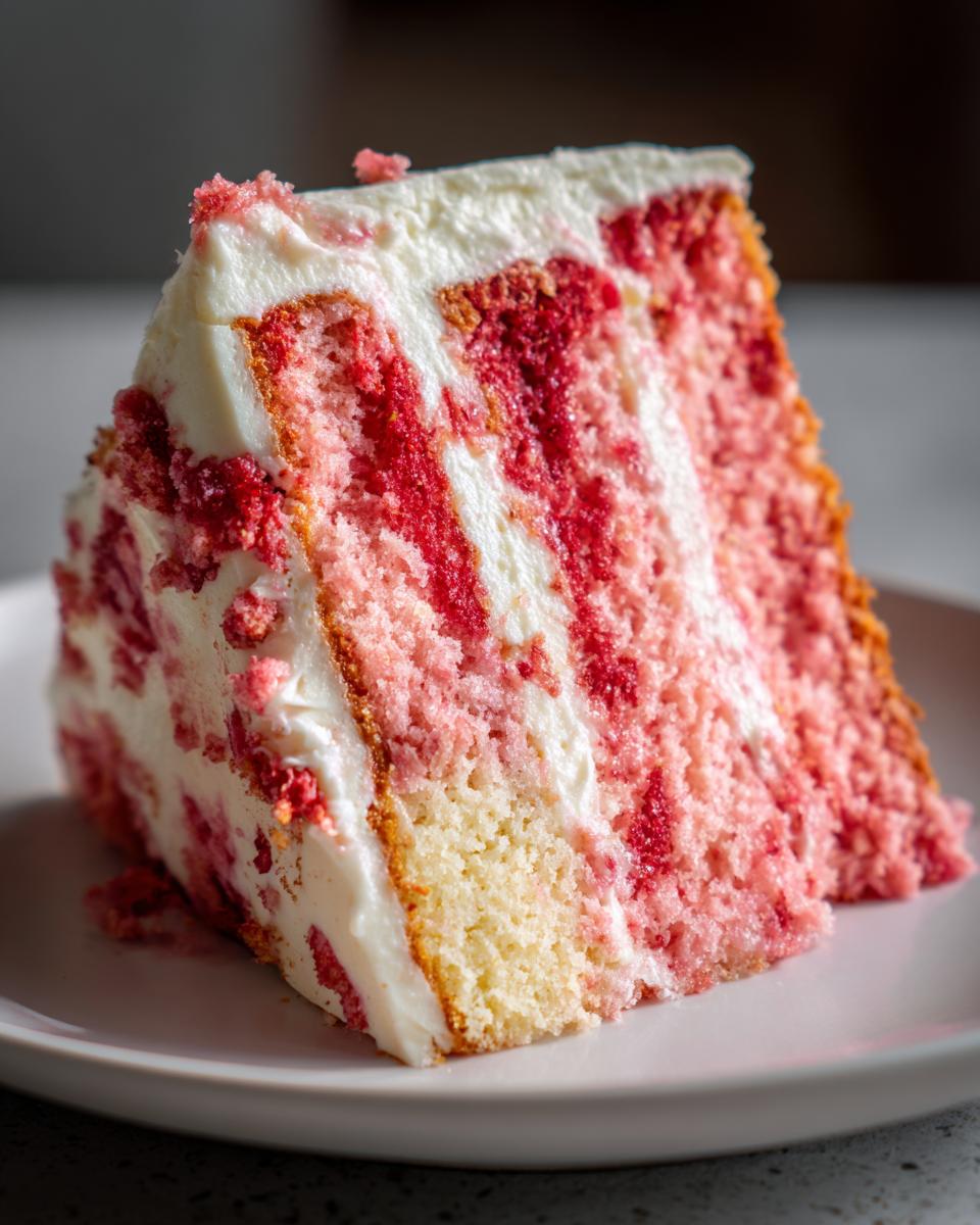 Close-up of a moist slice of strawberry cake with pink marbling and thick white frosting layers.