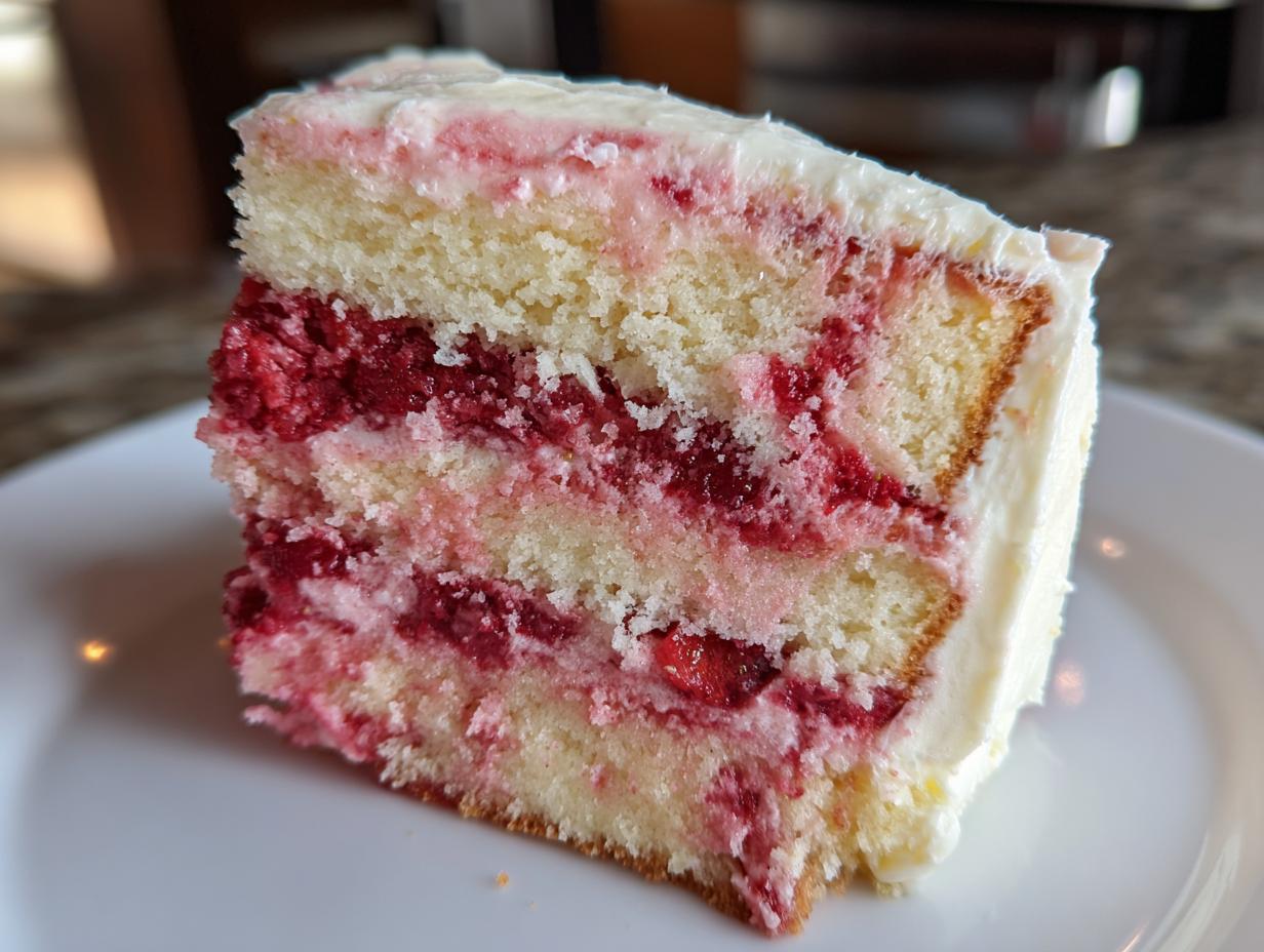 Close-up of a moist slice of strawberry cake with layers of white cake and bright red strawberry filling, topped with white frosting.