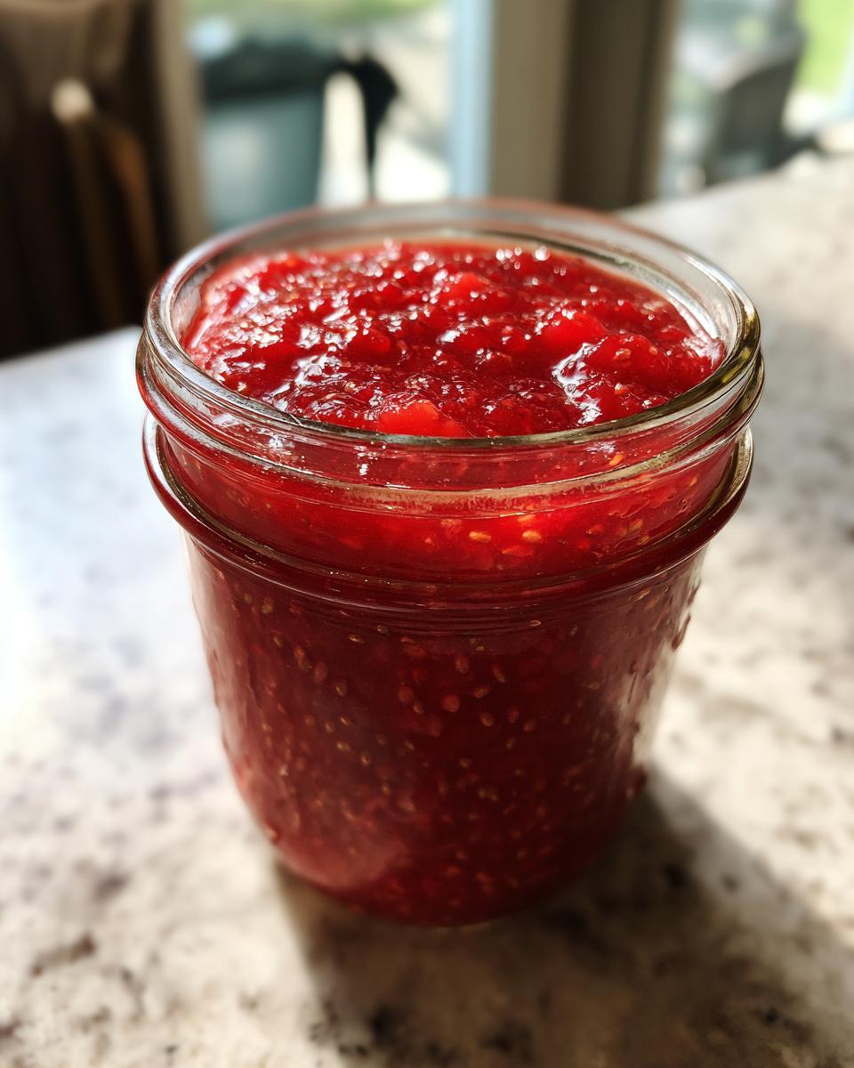 Close-up of bright red strawberry freezer jam filling a small glass canning jar on a granite countertop.
