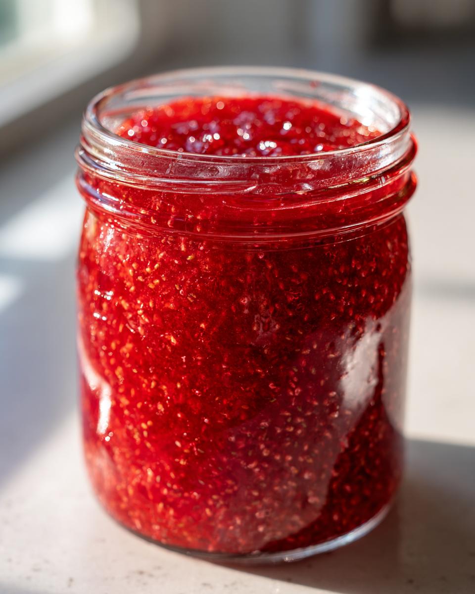 A close-up shot of a glass jar filled with vibrant, textured strawberry freezer jam, catching the sunlight.