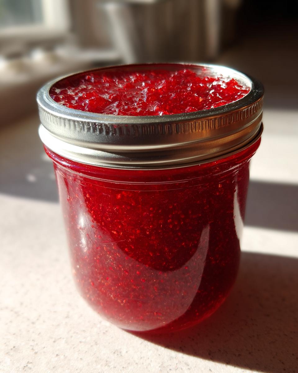 A sealed glass jar filled with vibrant, deep red strawberry freezer jam, catching the sunlight.