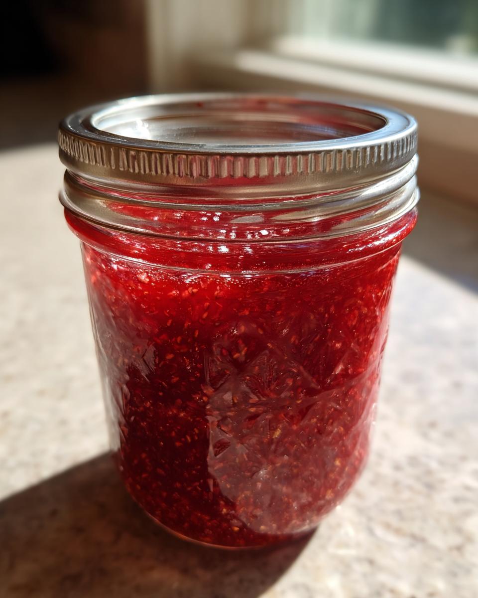 A glass jar filled with vibrant, textured strawberry freezer jam, sealed with a silver lid.