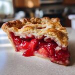 Close-up of a juicy slice of strawberry rhubarb pie showing the bright red filling and flaky, golden-brown lattice crust.