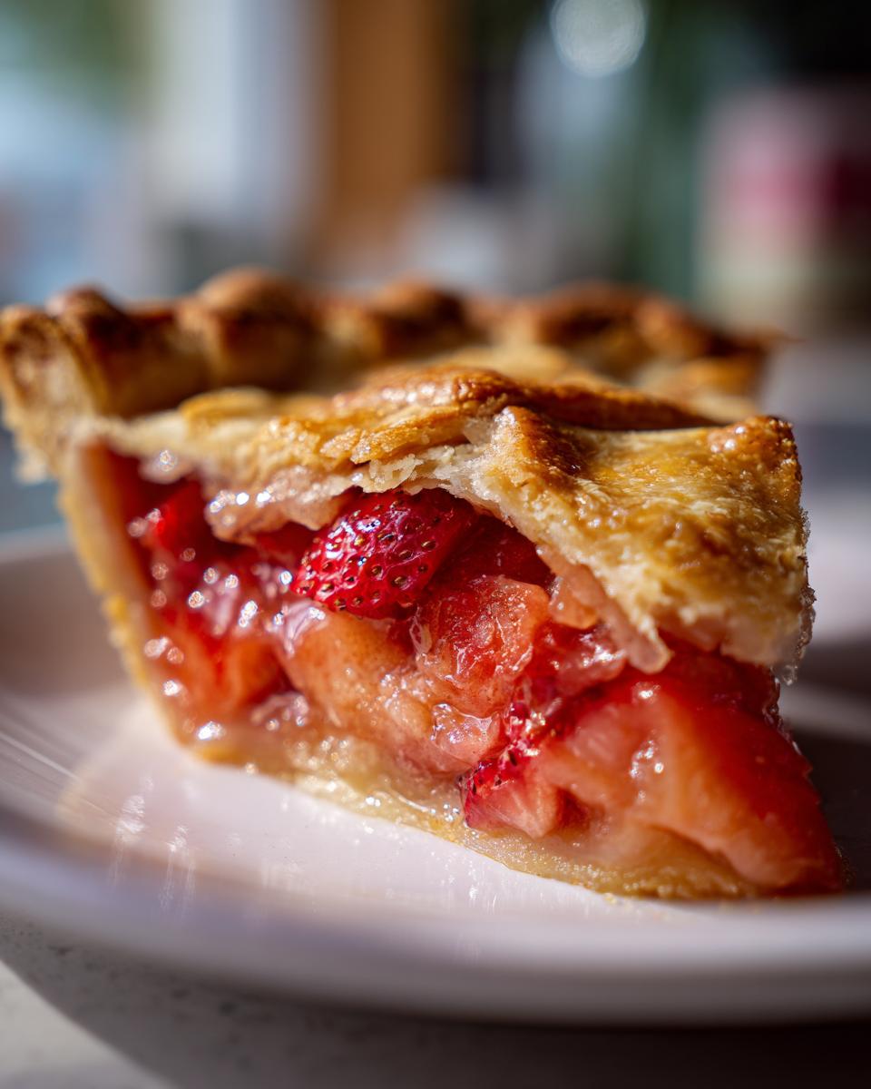 Close-up of a juicy slice of strawberry rhubarb pie showing the flaky crust and bright red filling.