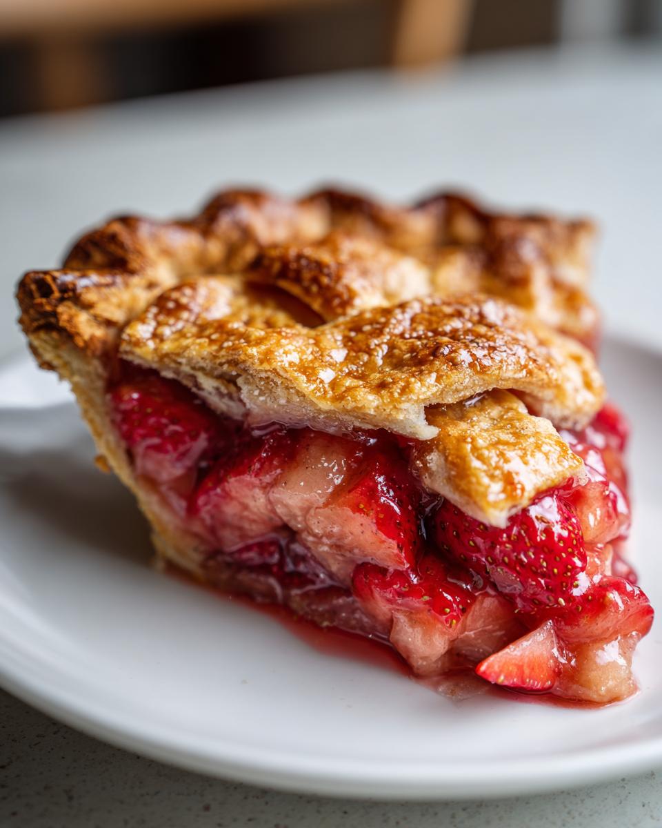 A close-up shot of a thick slice of strawberry rhubarb pie with a flaky, golden crust and juicy filling.