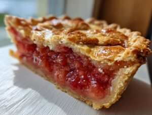 Close-up of a thick slice of strawberry rhubarb pie showing the juicy red filling and golden lattice crust.