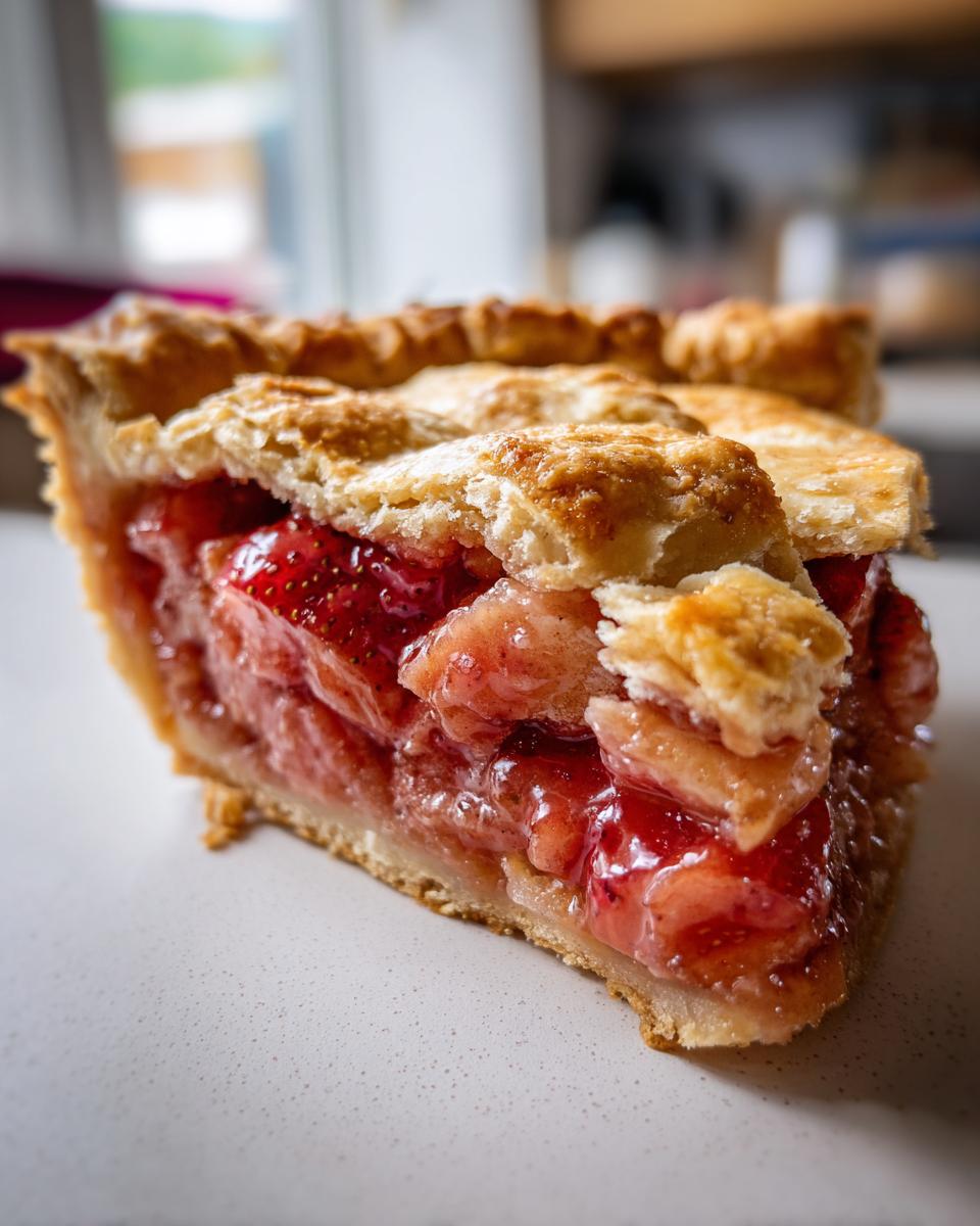 Close-up of a thick slice of strawberry rhubarb pie showing juicy red filling and flaky golden crust.