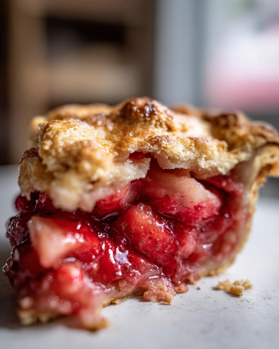 A close-up view of a thick slice of strawberry rhubarb pie showing the glistening, cooked strawberry filling and flaky golden crust.