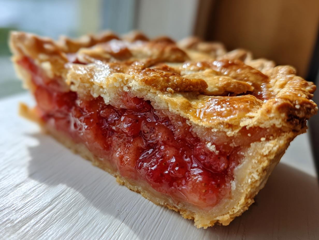 Close-up of a thick slice of strawberry rhubarb pie showing the juicy red filling and golden lattice crust.