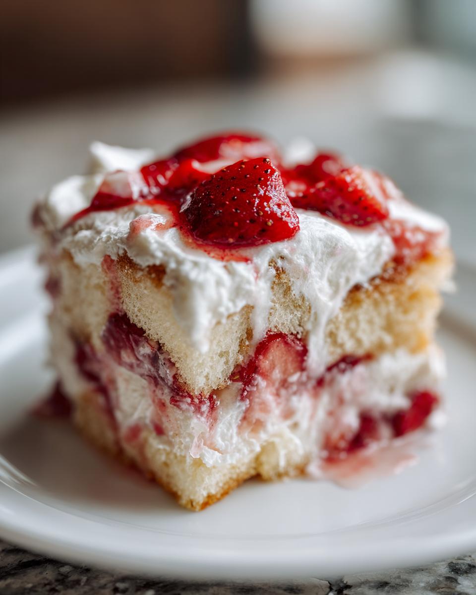 A square slice of strawberry shortcake trifle featuring layers of cake, cream, and macerated strawberries.