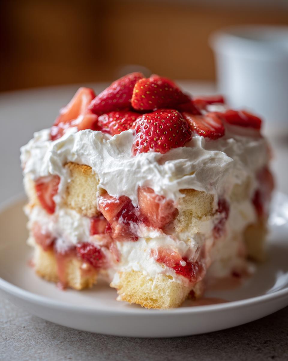A close-up of a decadent slice of strawberry shortcake trifle layered with cake, cream, and fresh strawberries.
