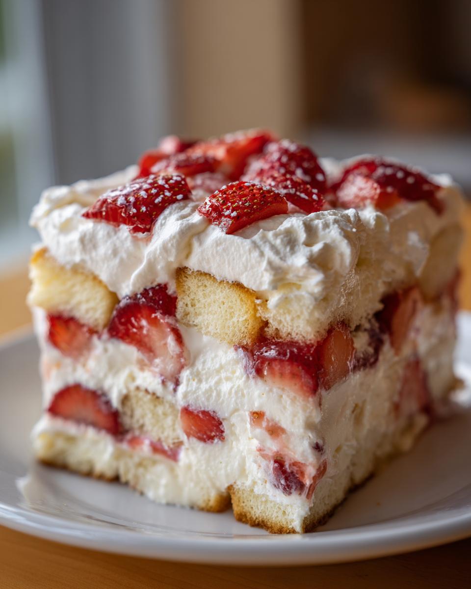 A close-up view of a layered slice of strawberry shortcake trifle featuring ladyfingers, whipped cream, and fresh strawberries.