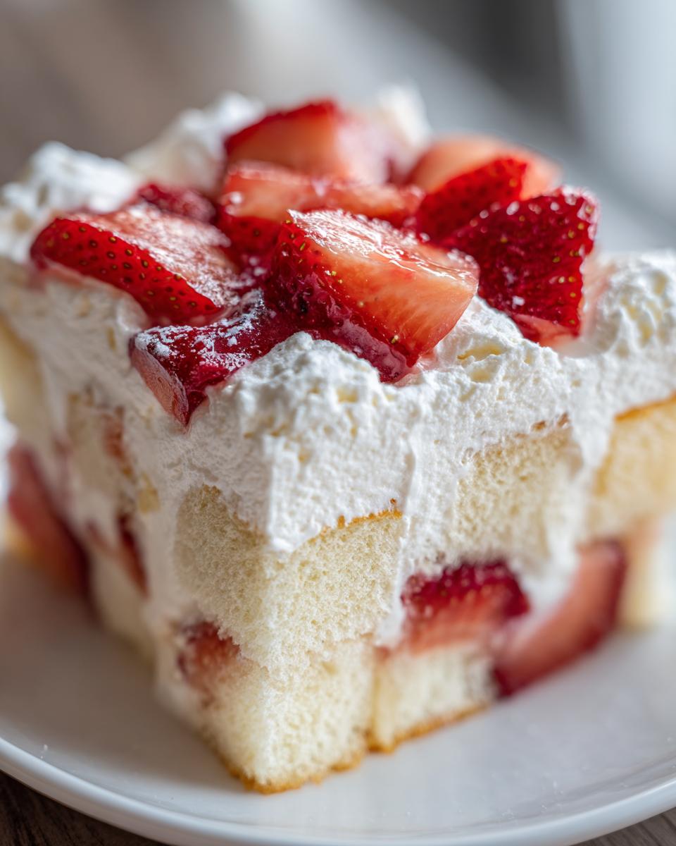 Close-up of a decadent slice of strawberry shortcake trifle featuring layers of sponge cake, whipped cream, and fresh strawberries.
