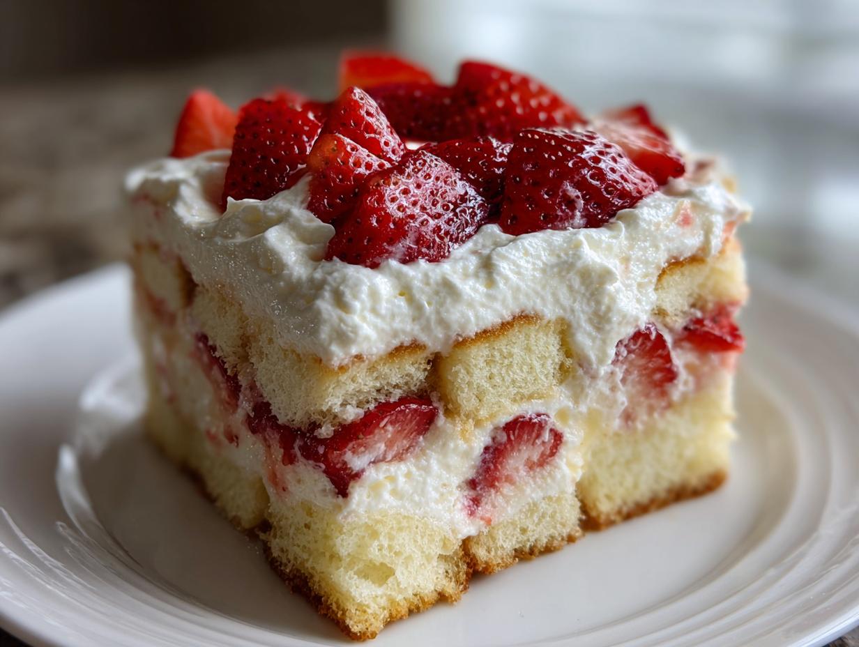 A close-up of a layered slice of strawberry shortcake trifle featuring sponge cake, whipped cream, and fresh strawberries.