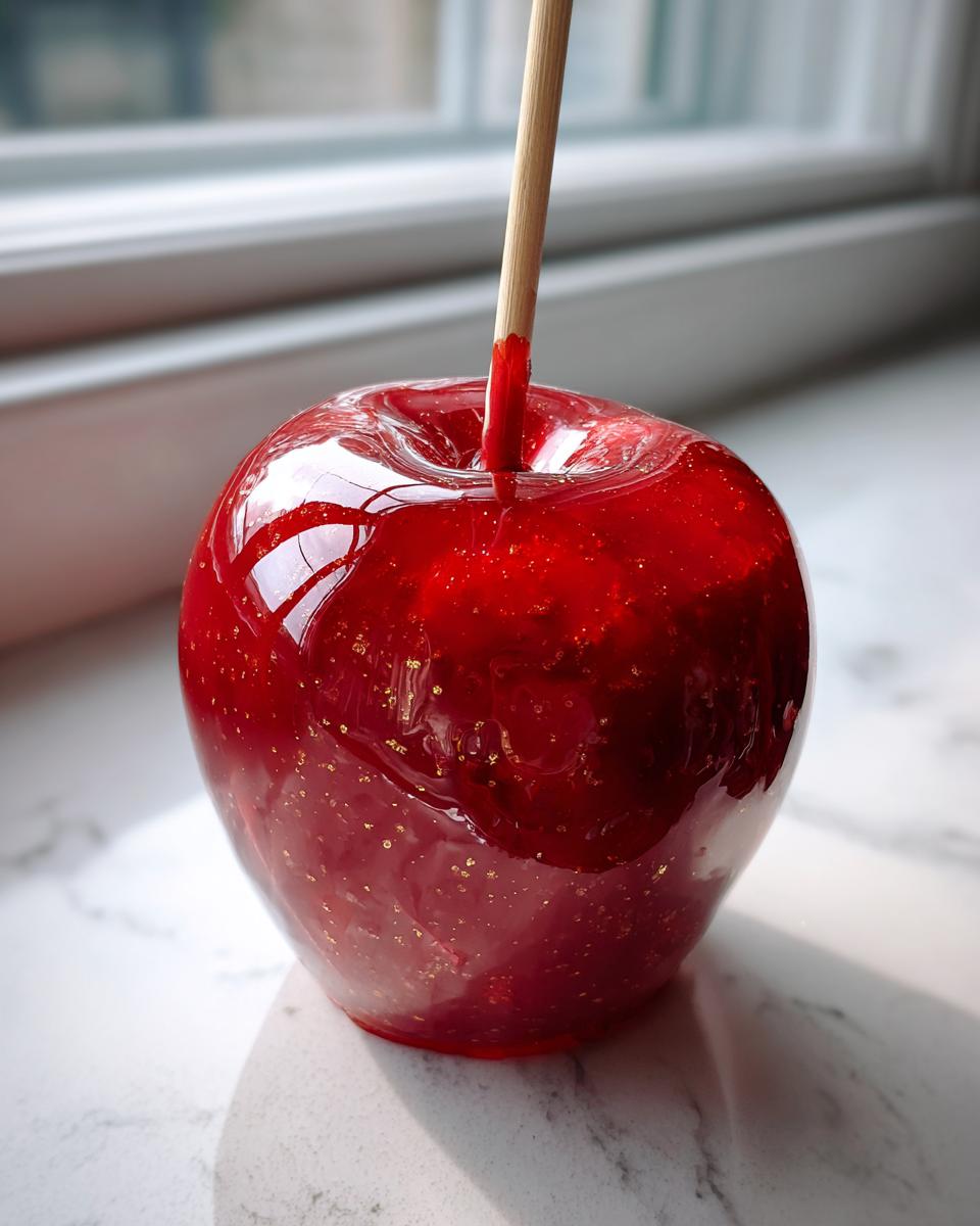 A single, glossy red candy apple with gold flecks, set on a white marble surface near a window.