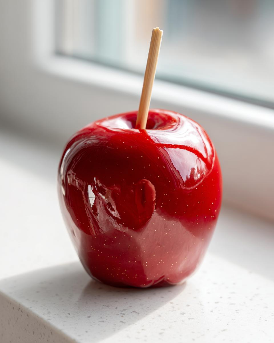 A single, perfectly glazed, deep red candy apple with a wooden stick resting on a white countertop near a window.