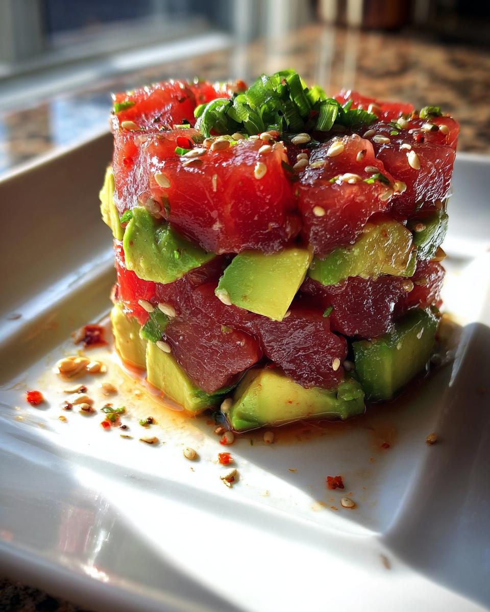 A tower of vibrant red tuna tartare layered with chunks of bright green avocado, topped with scallions and sesame seeds.