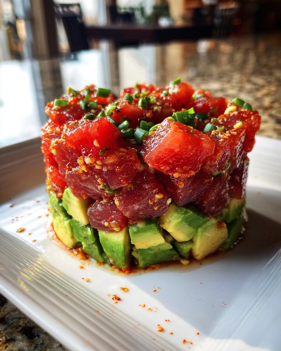 A beautifully molded tower of tuna tartare layered over diced avocado, garnished with sesame seeds and chives.