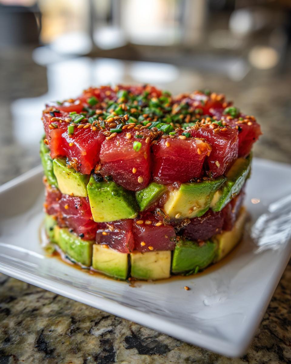 A beautifully constructed tower of fresh tuna tartare cubes layered with diced avocado, topped with sesame seeds and chives.