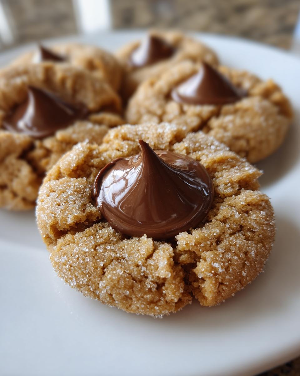 A close-up of a freshly baked peanut butter blossom cookie rolled in sugar with a melted chocolate kiss center.
