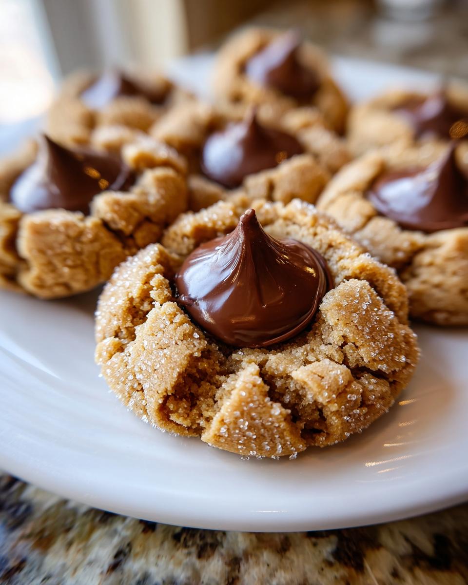 A close-up of a freshly baked, sugar-coated peanut butter blossom cookie topped with a melted chocolate kiss.