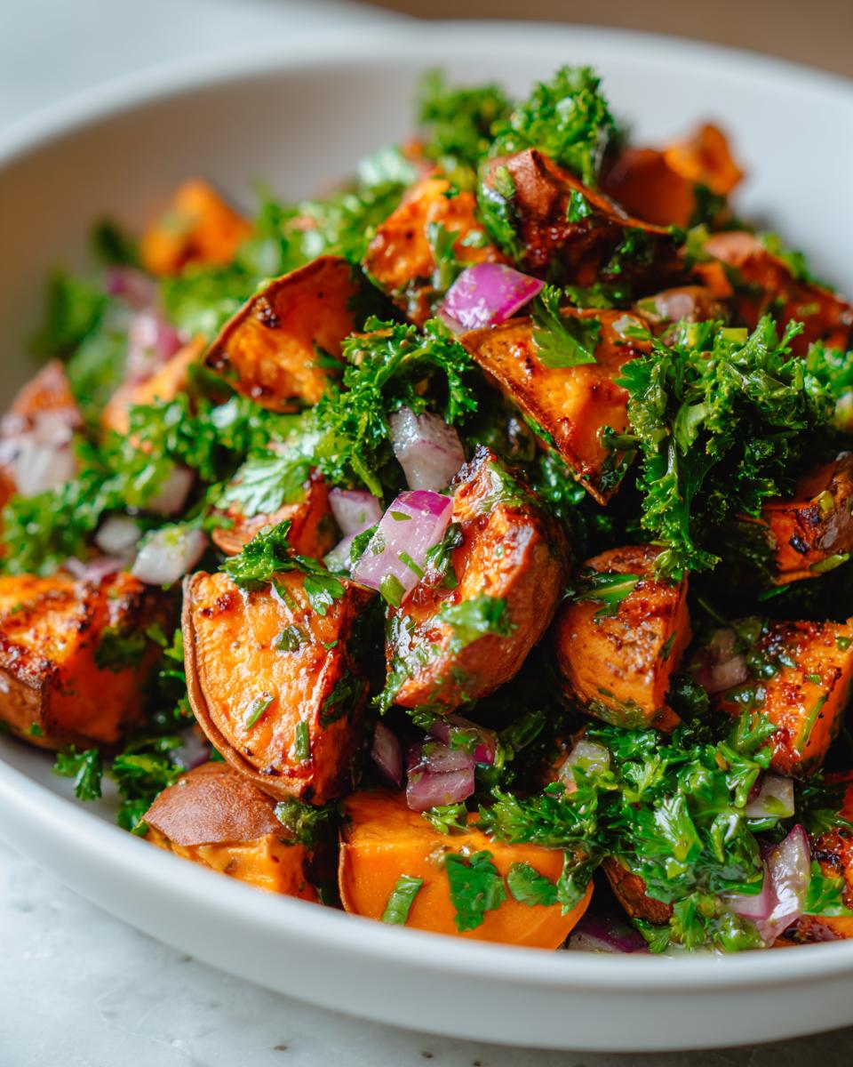 A close-up of a vibrant sweet potato salad featuring roasted sweet potato chunks, chopped red onion, and fresh green herbs like parsley or kale.