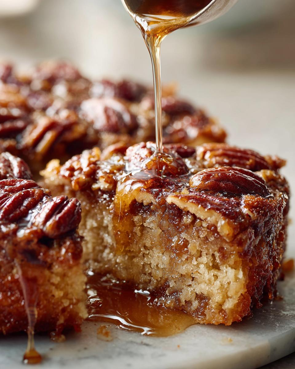 Close-up of a slice of pecan upside down cake being drizzled with warm caramel syrup.