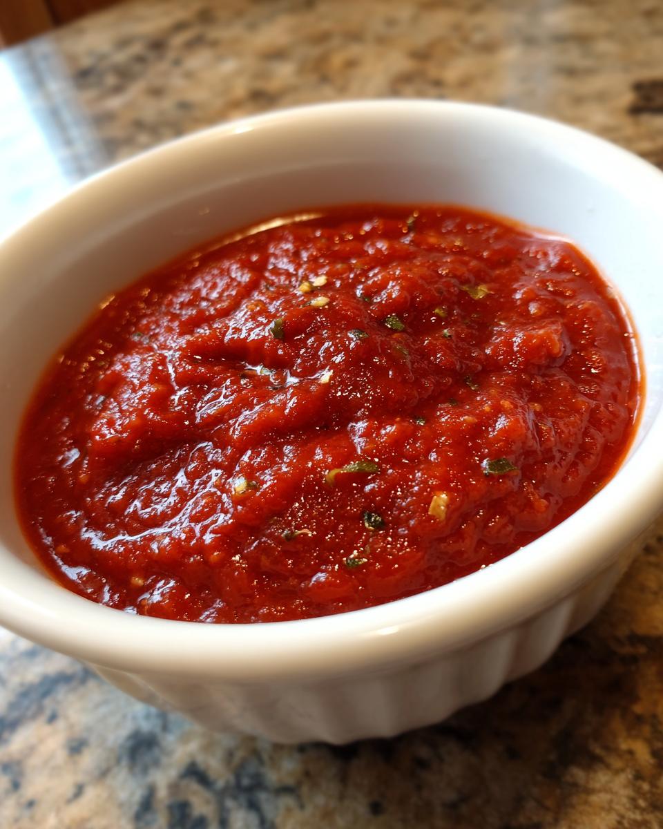 Close-up of thick, rich red pizza sauce seasoned with herbs in a small white ramekin.