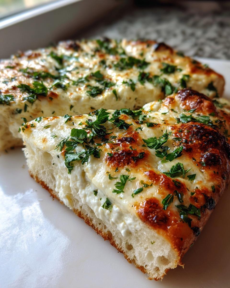 Close-up of a thick slice of white pizza showing a fluffy crust, creamy ricotta, and browned mozzarella topping with fresh parsley.