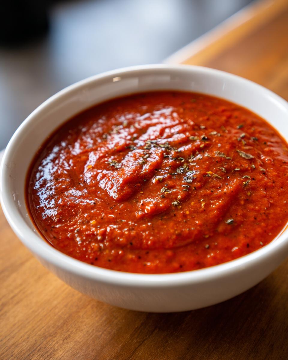 Close-up of thick, vibrant red pizza sauce seasoned with herbs in a white bowl.
